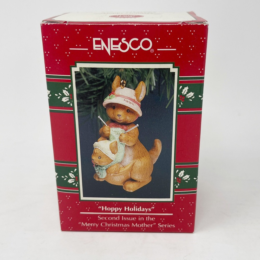 Enesco Christmas Ornament HOPPY HOLIDAYS 1992 MERRY MOTHER Kangaroo Knitting Box